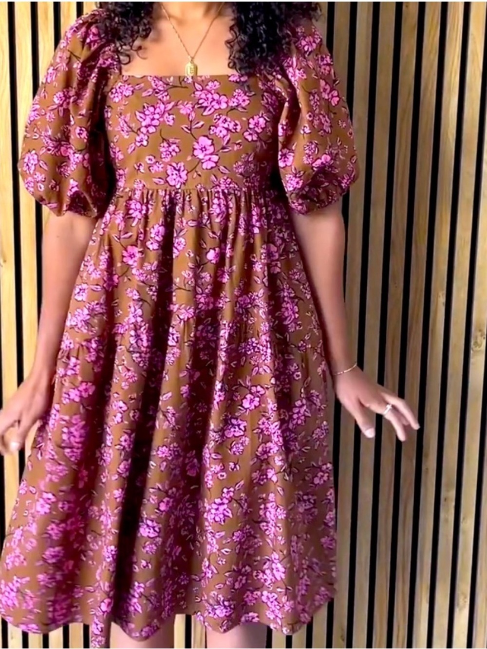 Polagram Brown Midi Dress with Pink Floral Print